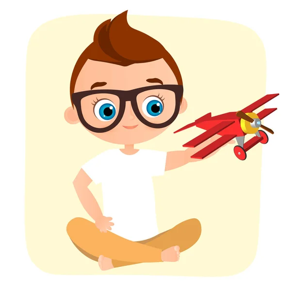 Jeune garçon avec des lunettes et un avion jouet. Garçon jouant avec l'avion. Illustration vectorielle eps 10 isolée sur fond blanc. Style de dessin animé plat . — Image vectorielle