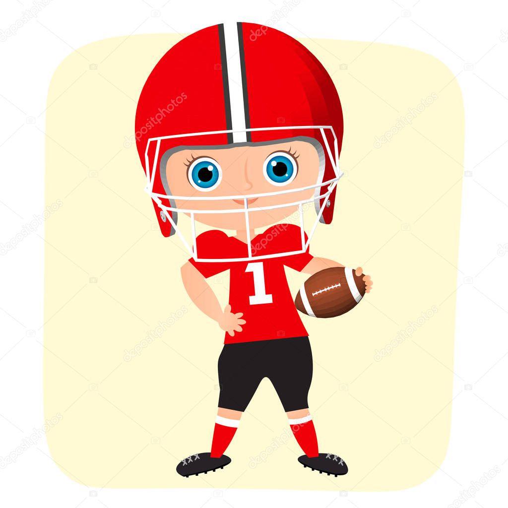 Young Boy. Kid playing American football. Vector illustration eps 10 isolated on white background. Flat cartoon style.