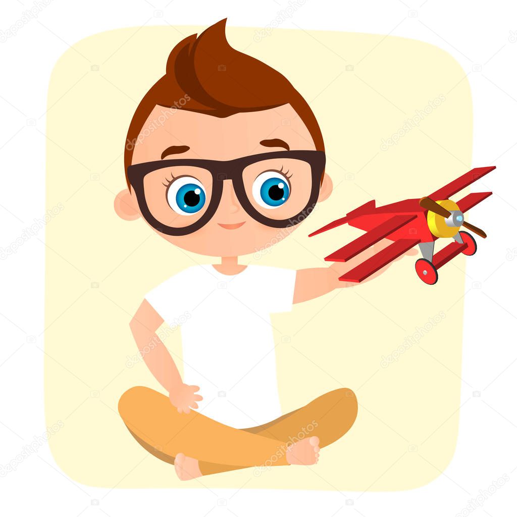 Young Boy with glasses and toy plane. Boy playing with airplane. Vector illustration eps 10 isolated on white background. Flat cartoon style.