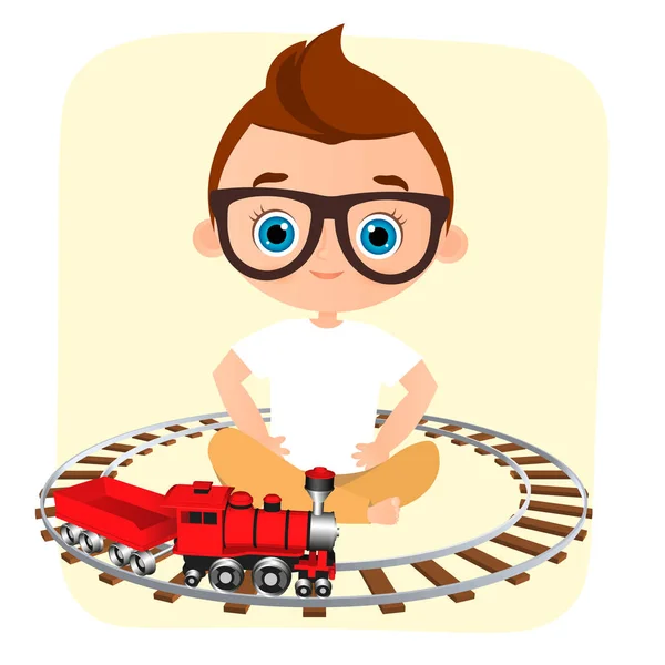 Молодий хлопець з окулярами та іграшковим потягом. Хлопчик грає з поїздом. Векторні ілюстрації eps 10 ізольовані на білому тлі. Стиль плоского мультфільму . — стоковий вектор