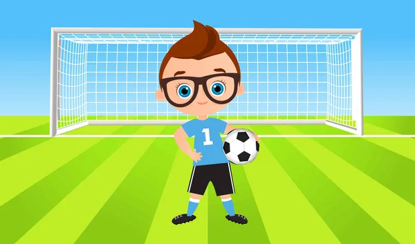 Young Boy. Kid playing football. Vector illustration eps 10 isolated on white background. Flat cartoon style. — Stock Vector