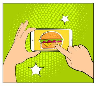 Komik telefon ile noktalı resim gölgeleri ve Hamburger. Smartphone satın internet online alışveriş ile tutan el. Fast food arka plan. Pop art retro tarzı. Düz tasarım. Vektör çizim eps 10