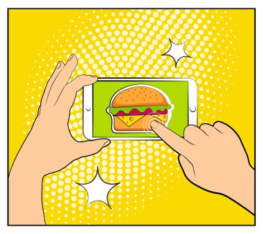 Komik telefon ile noktalı resim gölgeleri ve Hamburger. Smartphone satın internet online alışveriş ile tutan el. Fast food arka plan. Pop art retro tarzı. Düz tasarım. Vektör çizim eps 10