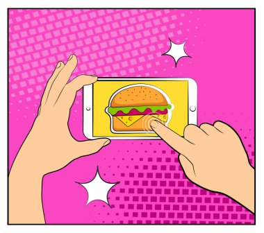 Komik telefon ile noktalı resim gölgeleri ve Hamburger. Smartphone satın internet online alışveriş ile tutan el. Fast food arka plan. Pop art retro tarzı. Düz tasarım. Vektör çizim eps 10