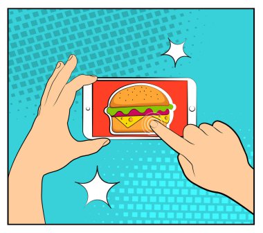 Komik telefon ile noktalı resim gölgeleri ve Hamburger. Smartphone satın internet online alışveriş ile tutan el. Fast food arka plan. Pop art retro tarzı. Düz tasarım. Vektör çizim eps 10