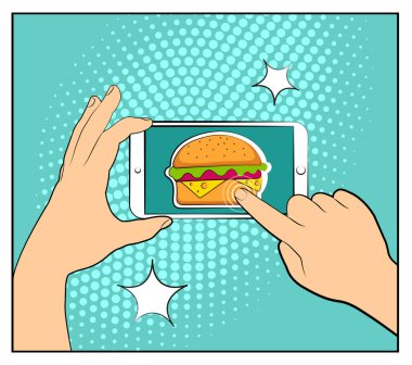 Komik telefon ile noktalı resim gölgeleri ve Hamburger. Smartphone satın internet online alışveriş ile tutan el. Fast food arka plan. Pop art retro tarzı. Düz tasarım. Vektör çizim eps 10