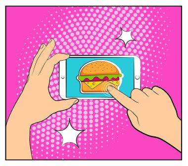 Komik telefon ile noktalı resim gölgeleri ve Hamburger. Smartphone satın internet online alışveriş ile tutan el. Fast food arka plan. Pop art retro tarzı. Düz tasarım. Vektör çizim eps 10