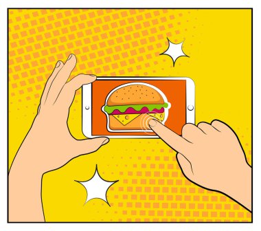 Komik telefon ile noktalı resim gölgeleri ve Hamburger. Smartphone satın internet online alışveriş ile tutan el. Fast food arka plan. Pop art retro tarzı. Düz tasarım. Vektör çizim eps 10