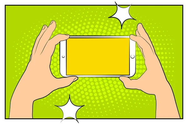Comic smartphone phone with halftone shadows. Hand holding smartphone. Pop art retro style. Flat design. Vector illustration eps 10 — Stock Vector