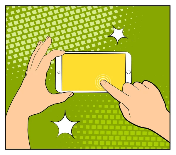 Comic smartphone phone with halftone shadows. Hand holding smartphone. Pop art retro style. Flat design. Vector illustration eps 10 — Stock Vector