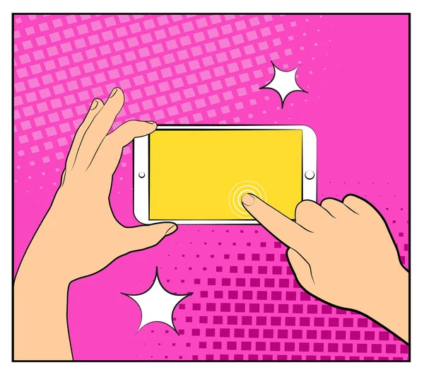 Comic smartphone phone with halftone shadows. Hand holding smartphone. Pop art retro style. Flat design. Vector illustration eps 10 — Stock Vector