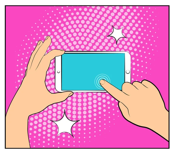 Comic smartphone phone with halftone shadows. Hand holding smartphone. Pop art retro style. Flat design. Vector illustration eps 10 — Stock Vector