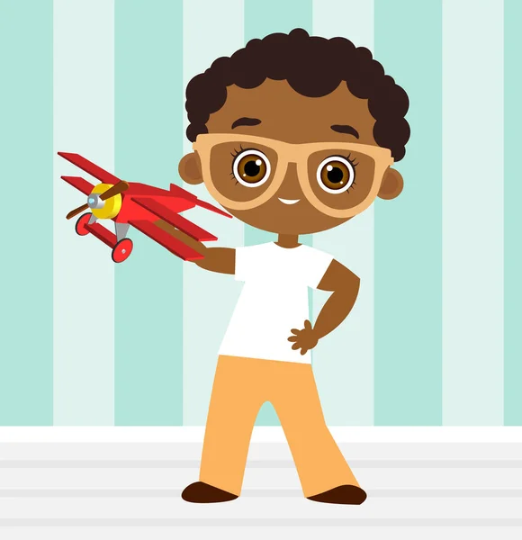 Αφρικανική αμερικανική αγόρι με γυαλιά και επίπεδο των παιχνιδιών. Αγόρι παίζει με αεροπλάνο. Vector εικονογράφηση eps 10 απομονώνονται σε λευκό φόντο. Επίπεδη κινούμενα σχέδια στυλ. — Διανυσματικό Αρχείο