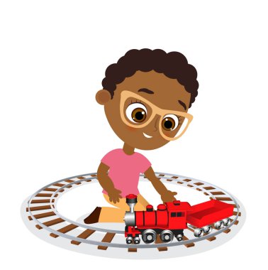 Gözlük ve oyuncak tren Afro-Amerikan çocuk. Tren ile oynayan çocuk. Vektör çizim eps 10 beyaz arka plan üzerinde izole. Düz çizgi film tarzı.