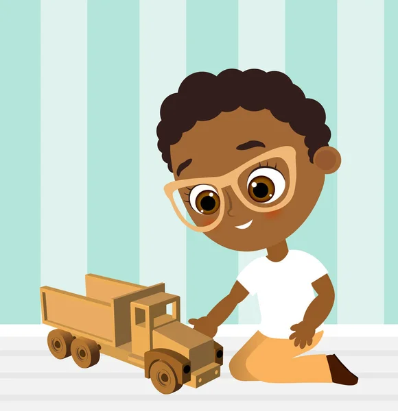 Niño afroamericano con gafas y coche de juguete. Chico jugando al auto. Ilustración vectorial eps 10 aislado sobre fondo blanco. Estilo de dibujos animados plana . — Vector de stock