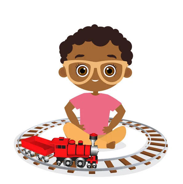 Niño afroamericano con gafas y tren de juguete. Chico jugando con el tren. Ilustración vectorial eps 10 aislado sobre fondo blanco. Estilo de dibujos animados plana . — Archivo Imágenes Vectoriales