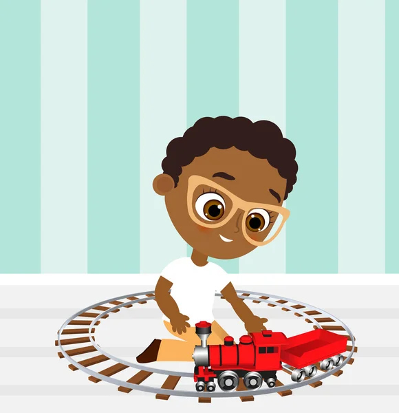 Niño afroamericano con gafas y tren de juguete. Chico jugando con el tren. Ilustración vectorial eps 10 aislado sobre fondo blanco. Estilo de dibujos animados plana . — Archivo Imágenes Vectoriales