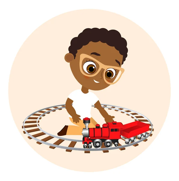 Niño afroamericano con gafas y tren de juguete. Chico jugando con el tren. Ilustración vectorial eps 10 aislado sobre fondo blanco. Estilo de dibujos animados plana . — Vector de stock
