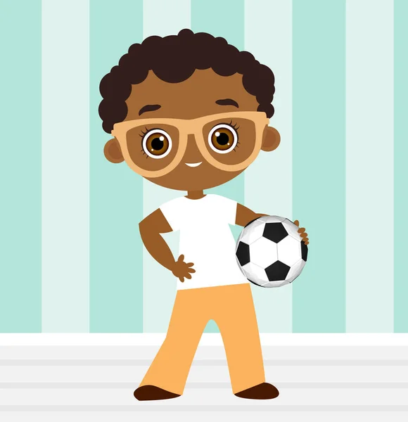 戴眼镜的非洲裔美国男孩。孩子在踢足球。矢量图 eps 10 孤立在白色背景上。平的卡通风格. — 图库矢量图片