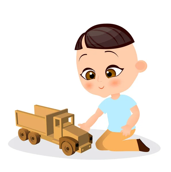 Garçon japonais avec voiture jouet. Un garçon jouant à la voiture. Illustration vectorielle eps 10 isolée sur fond blanc. Style de dessin animé plat . — Image vectorielle
