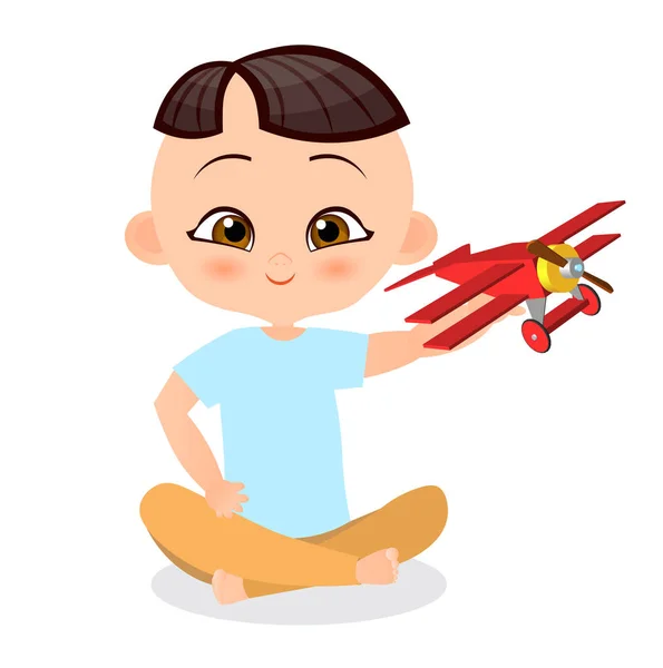 Chico japonés con avión de juguete. Chico jugando con el avión. Ilustración vectorial eps 10 aislado sobre fondo blanco. Estilo de dibujos animados plana . — Vector de stock