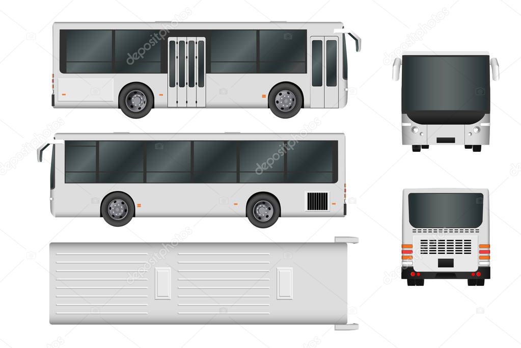 City bus template. Passenger transport all sides view from top, side, back and front. Vector illustration eps 10 isolated on white background.