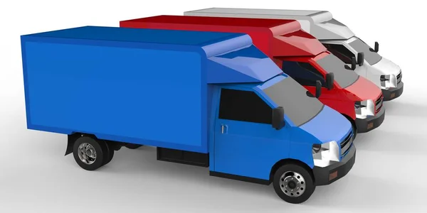 Liten vit, röd, blå lastbil. Bil leveransservice. Leverans av varor och produkter till butiker. 3D-rendering. — Stockfoto