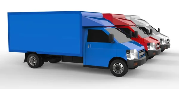 Piccolo camion bianco, rosso, blu. Servizio di consegna auto. Consegna di beni e prodotti ai punti vendita al dettaglio. rendering 3d . — Foto Stock
