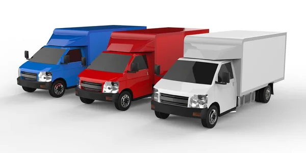 Маленький белый, красный, синий грузовик. Служба доставки автомобилей. Доставка товаров и продуктов в торговые точки. 3d-рендеринг . — стоковое фото
