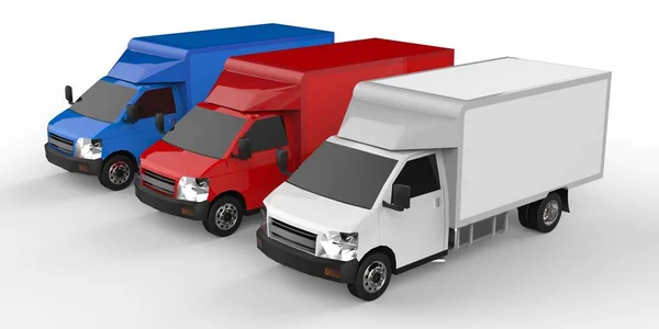 Camião branco, vermelho e azul pequeno. Serviço de entrega de carro. Entrega de bens e produtos aos pontos de venda a retalho. Renderização 3d . — Fotografia de Stock