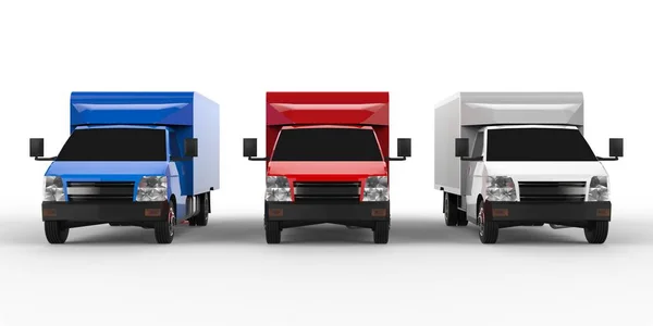 Mały biały, czerwony, niebieski samochód ciężarowy. Dostawa samochodu. Dostawy towarów i produktów do sprzedaży detalicznej. renderowania 3D. — Zdjęcie stockowe