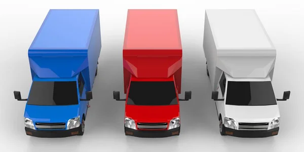 Kleine vrachtwagen van wit, rood en blauw. Auto verzendingsdienst. Levering van goederen en producten aan detailhandel. 3D-rendering. — Stockfoto