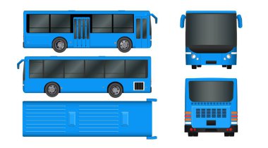 Şehir otobüs şablonu. Yolcu taşımacılığı tüm taraf görünümü üst, yan, arka ve ön. Beyaz arka plan üzerinde izole vektör çizim eps 10.