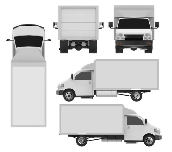 小さな白いトラックを設定します。車の配達サービス。小売店への商品や製品の配達。3Dレンダリング. — ストック写真