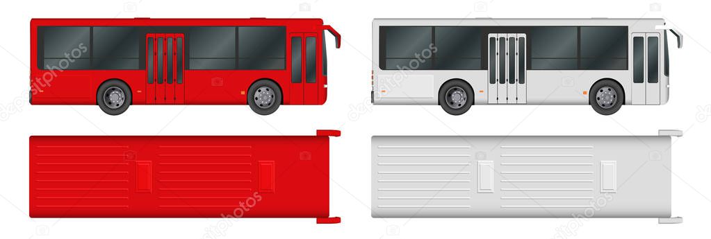 Set white, red City bus template. Passenger transport. Vector illustration eps 10 isolated on white background.