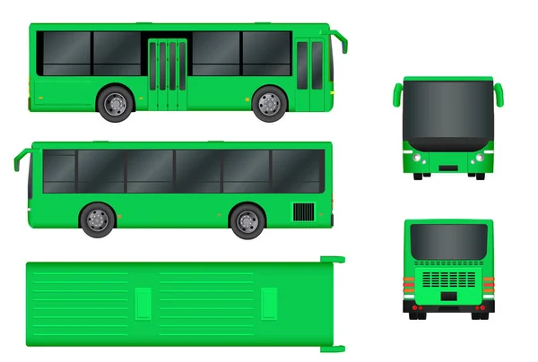 Green City bus sjabloon. Passagier vervoeren alle kanten uitzicht vanaf de top, kant, back en front. Vector illustratie eps 10 geïsoleerd op witte achtergrond. — Stockvector