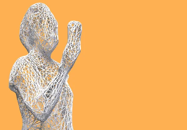 Tredimensionella mesh figur av en kvinna med en telefon i handen på gul bakgrund. 3D illustration. — Stockfoto