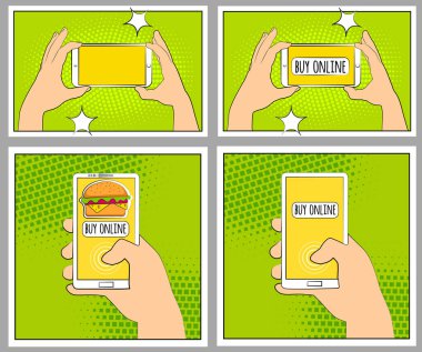 Komik smartphone telefon ile noktalı resim gölgeleri ayarlayın. El tutma smartphone. Pop art retro tarzı. Düz tasarım. Vektör çizim eps 10