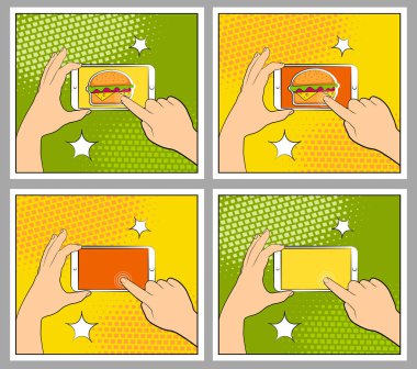 Komik smartphone telefon ile noktalı resim gölgeleri ayarlayın. El tutma smartphone. Pop art retro tarzı. Düz tasarım. Vektör çizim eps 10