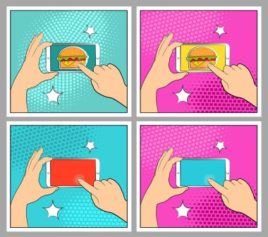 Komik smartphone telefon ile noktalı resim gölgeleri ayarlayın. El tutma smartphone. Pop art retro tarzı. Düz tasarım. Vektör çizim eps 10