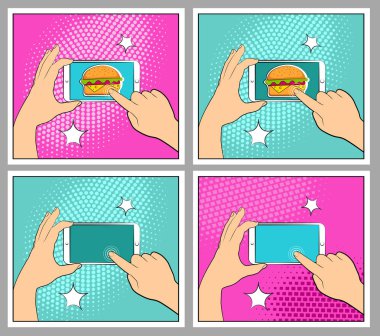 Komik smartphone telefon ile noktalı resim gölgeleri ayarlayın. El tutma smartphone. Pop art retro tarzı. Düz tasarım. Vektör çizim eps 10