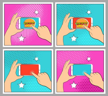 Komik smartphone telefon ile noktalı resim gölgeleri ayarlayın. El tutma smartphone. Pop art retro tarzı. Düz tasarım. Vektör çizim eps 10