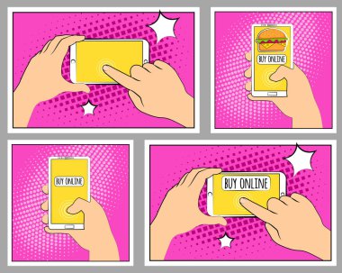 Komik smartphone telefon ile noktalı resim gölgeleri ayarlayın. El tutma smartphone. Pop art retro tarzı. Düz tasarım. Vektör çizim eps 10