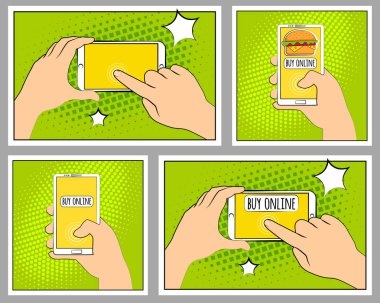 Komik smartphone telefon ile noktalı resim gölgeleri ayarlayın. El tutma smartphone. Pop art retro tarzı. Düz tasarım. Vektör çizim eps 10