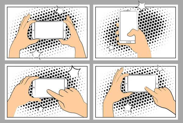 Set Comic smartphone phone with halftone shadows. Hand holding smartphone. Pop art retro style. Flat design. Vector illustration eps 10 — Stock Vector