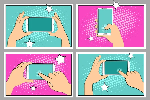 Komik smartphone telefon ile noktalı resim gölgeleri ayarlayın. El tutma smartphone. Pop art retro tarzı. Düz tasarım. Vektör çizim eps 10 — Stok Vektör