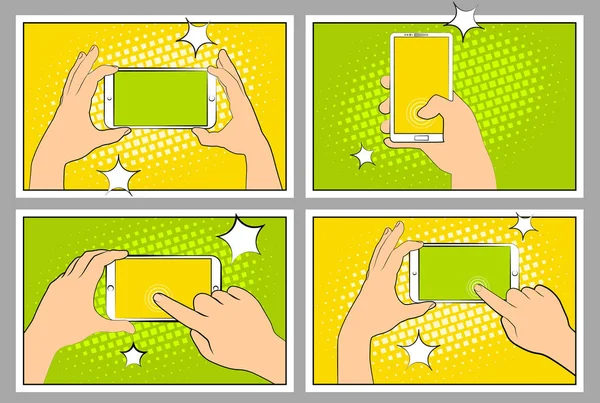 Set Comic smartphone phone with halftone shadows. Hand holding smartphone. Pop art retro style. Flat design. Vector illustration eps 10 — Stock Vector