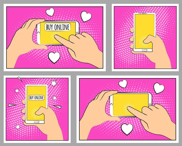 Nastavit telefon komické smartphone s polotóny stíny. Ruční držení smartphone. Retro styl pop-art. Plochý design. Vektorové ilustrace eps 10 — Stockový vektor