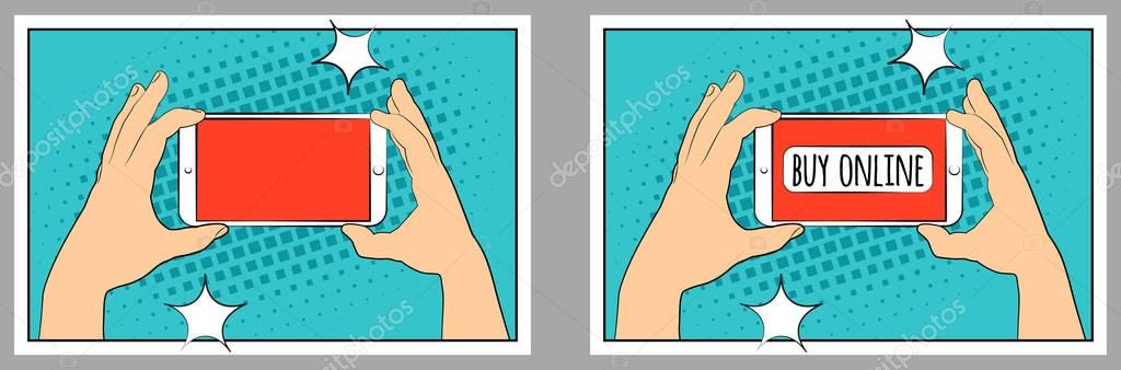 ComicSmartphone Handy mit Halbton Schatten gesetzt. Hand halten