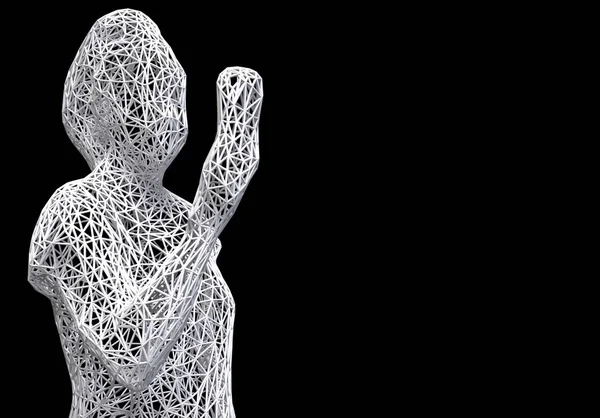 Tredimensionella mesh figur av en kvinna med en telefon i handen på svart bakgrund. 3D illustration. — Stockfoto